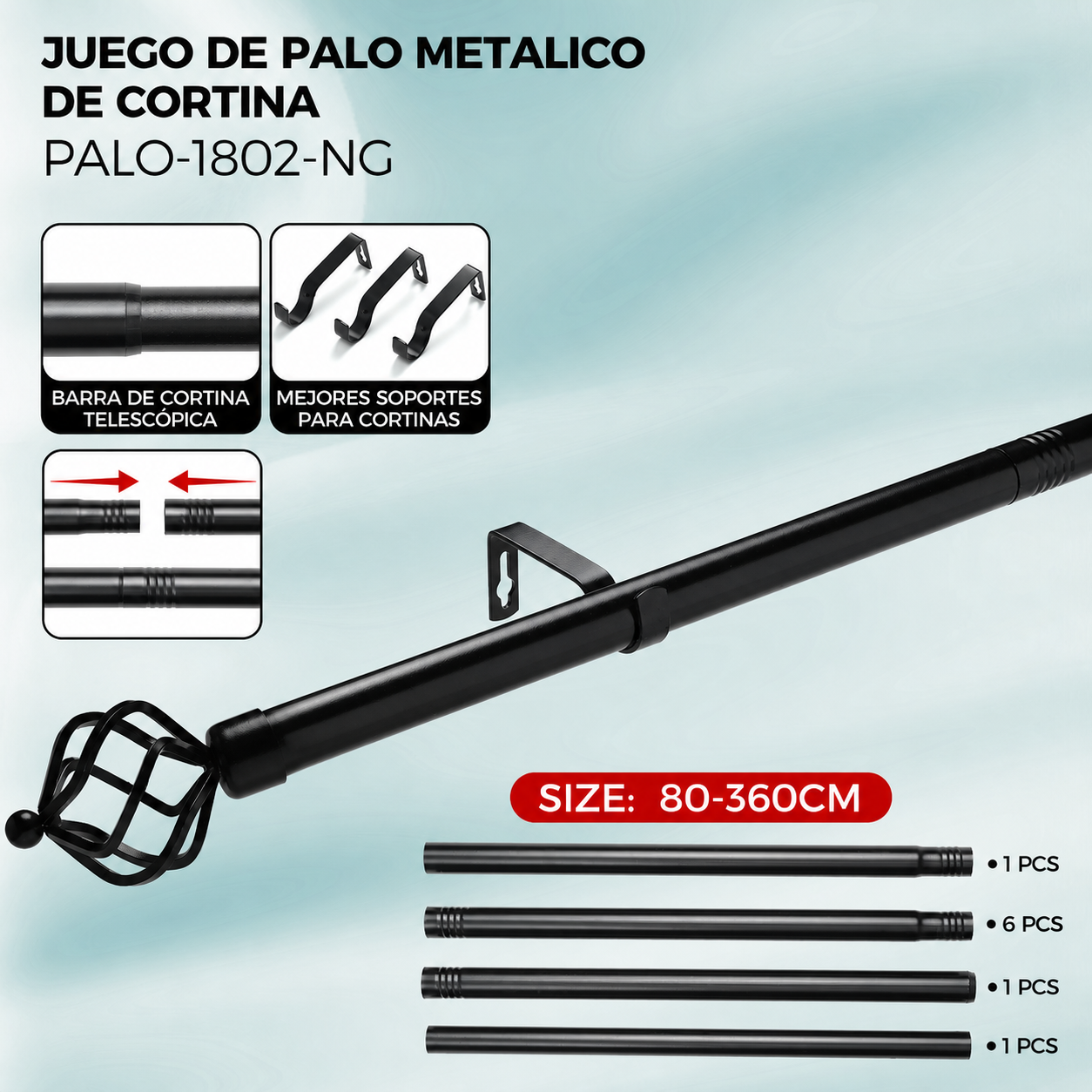 Palo metálico modular para cortinas