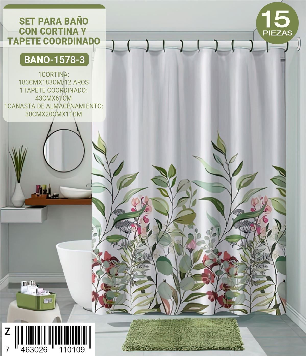 Set coordinado de baño con cortina y tapete