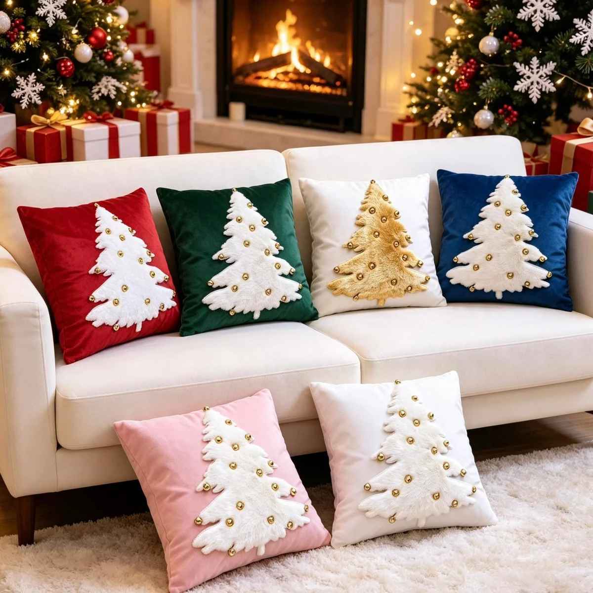 Forro de cojín navideño con árbol en relieve