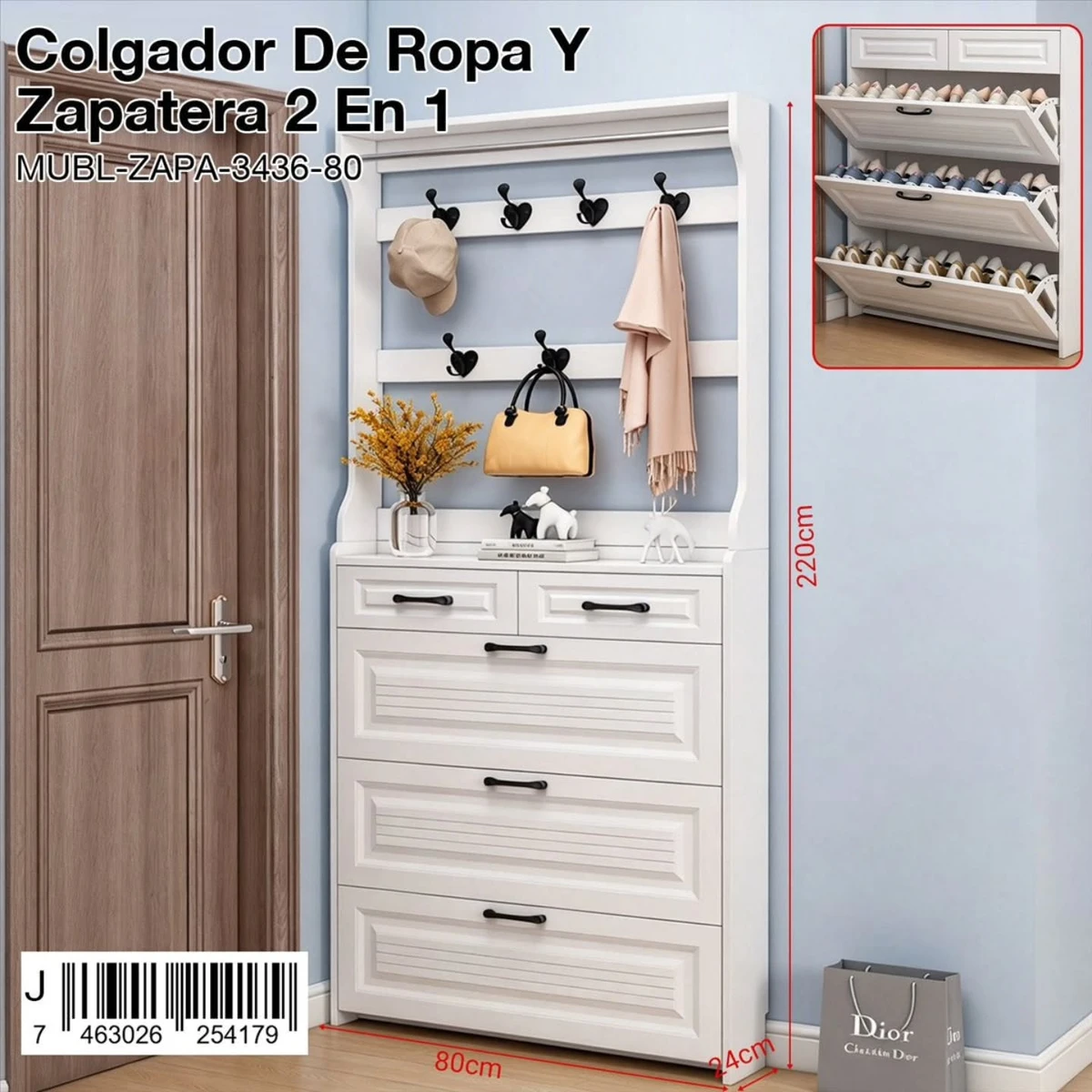 Perchero con zapatera blanca y cajones 80 cm