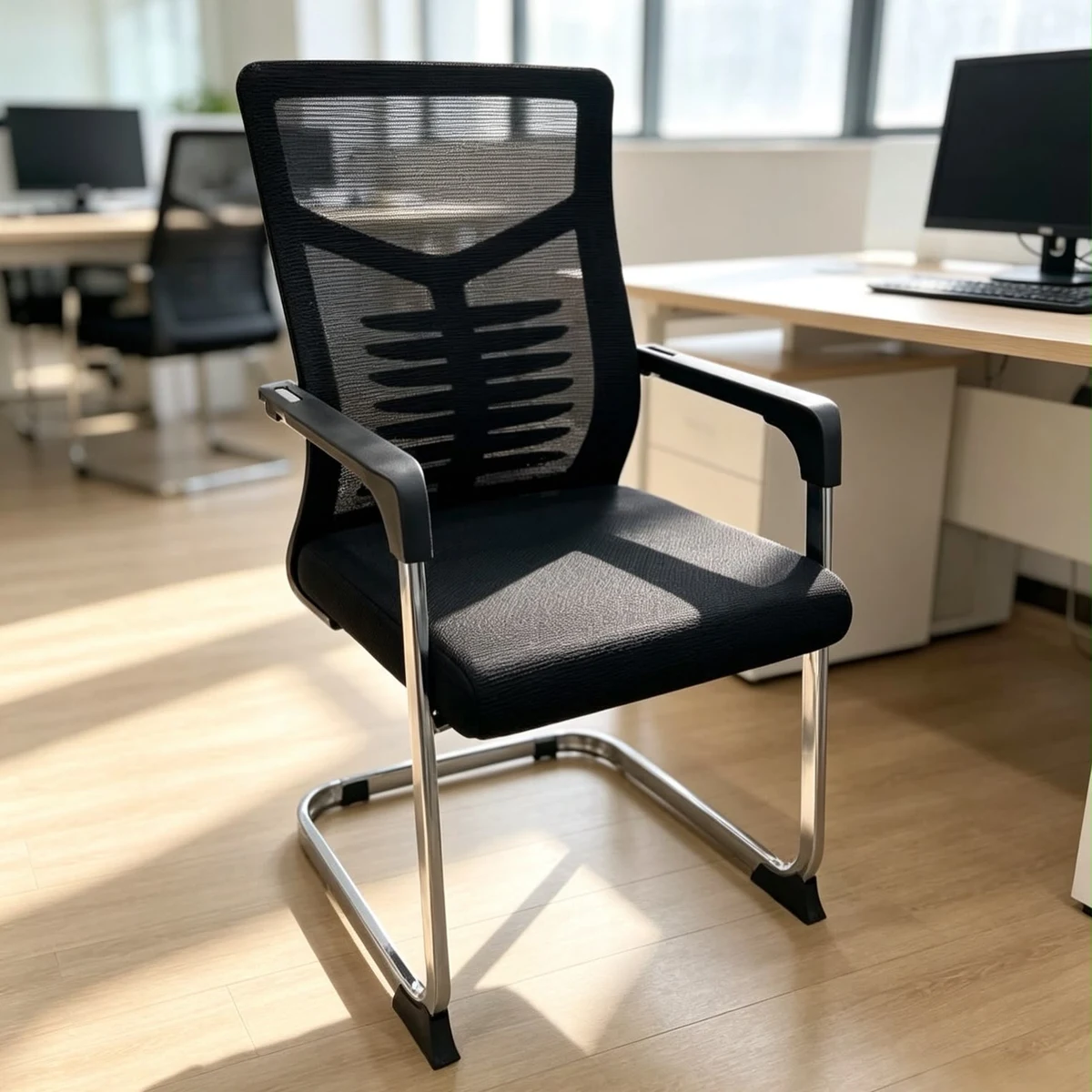 Silla negra de malla con base fija