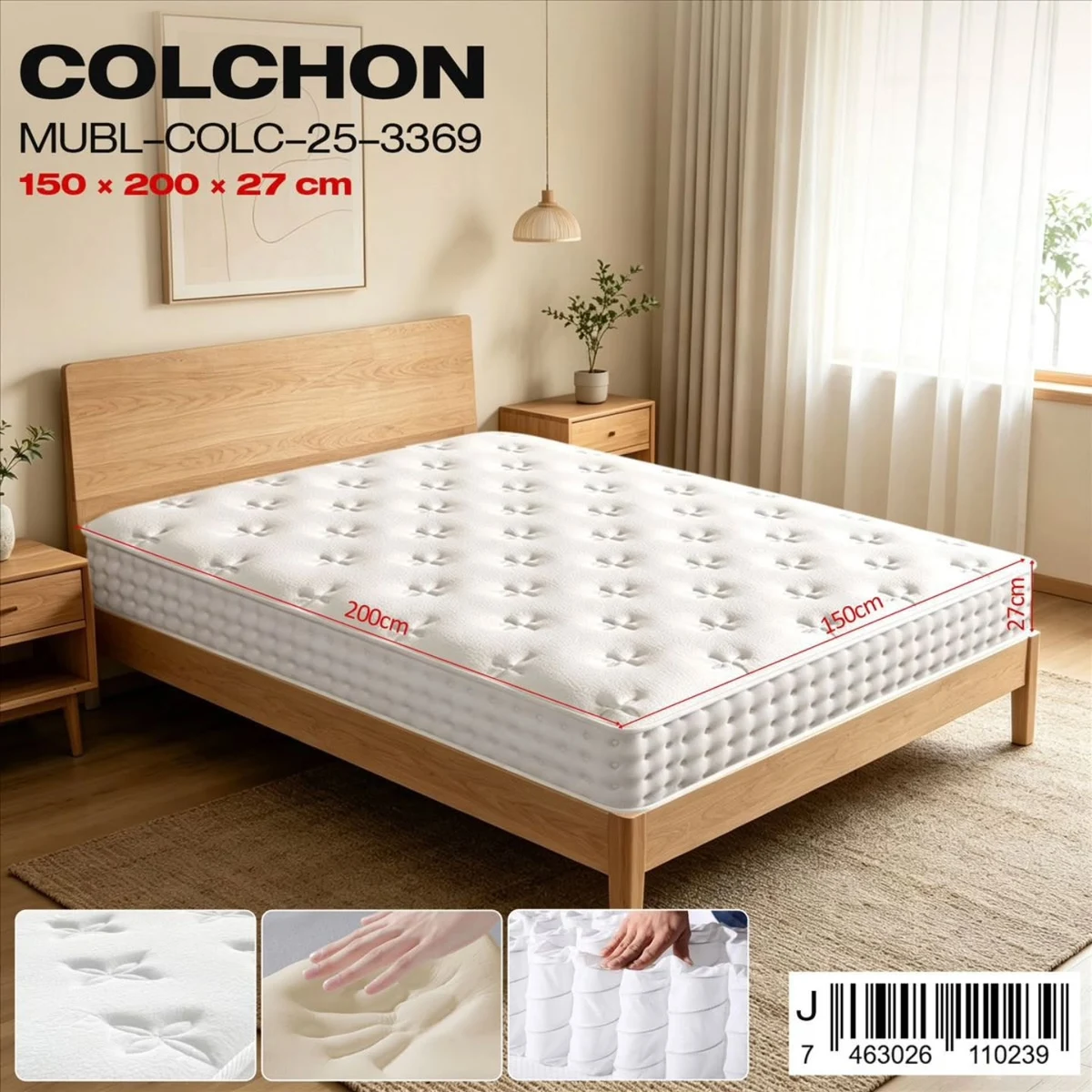 Colchon blanco de 150 x 200 x 27 cm