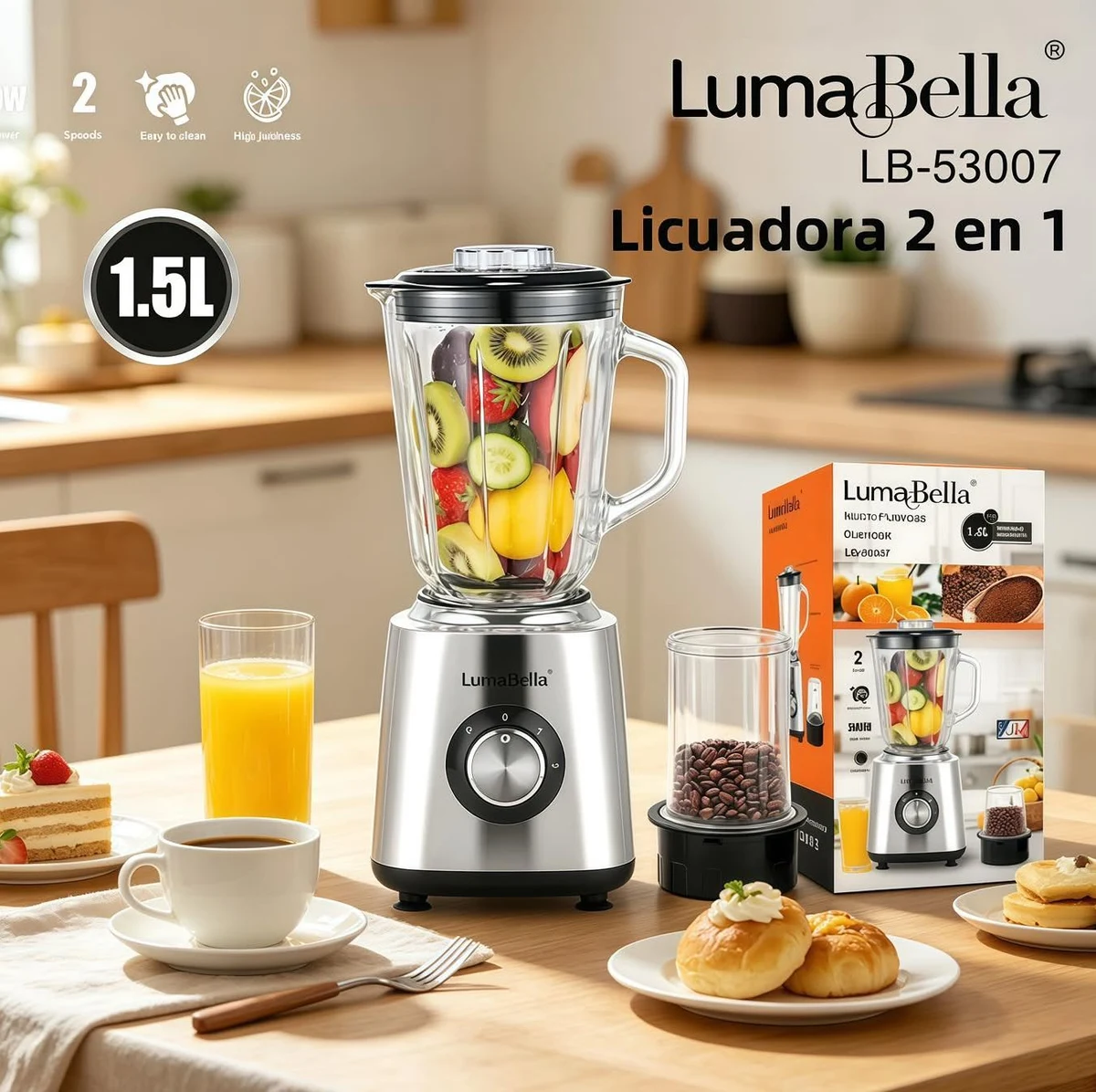 Licuadora LumaBella LB-53007 2 en 1 de 1.5 L