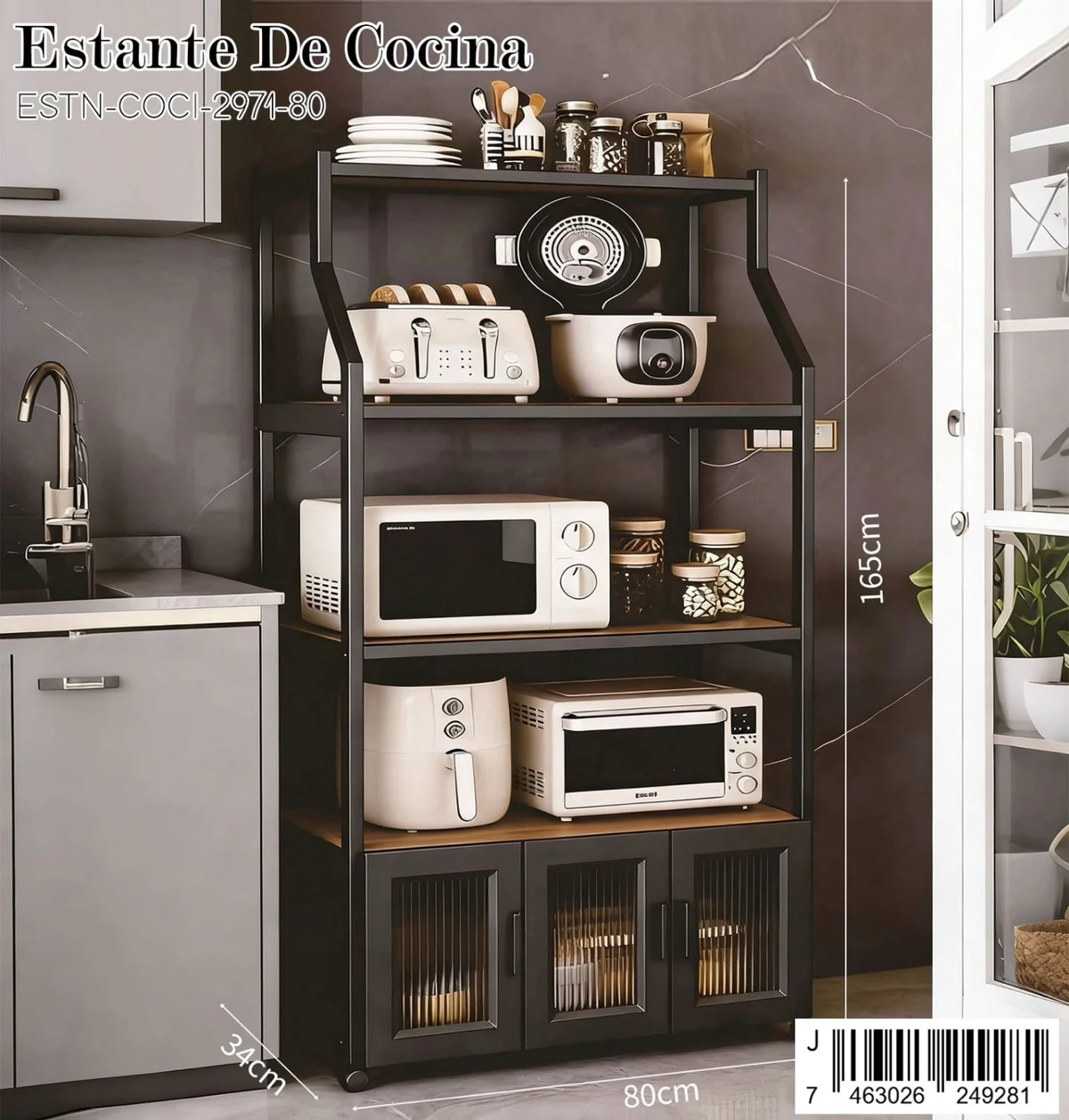 Estante de cocina negro con gabinete 165 cm
