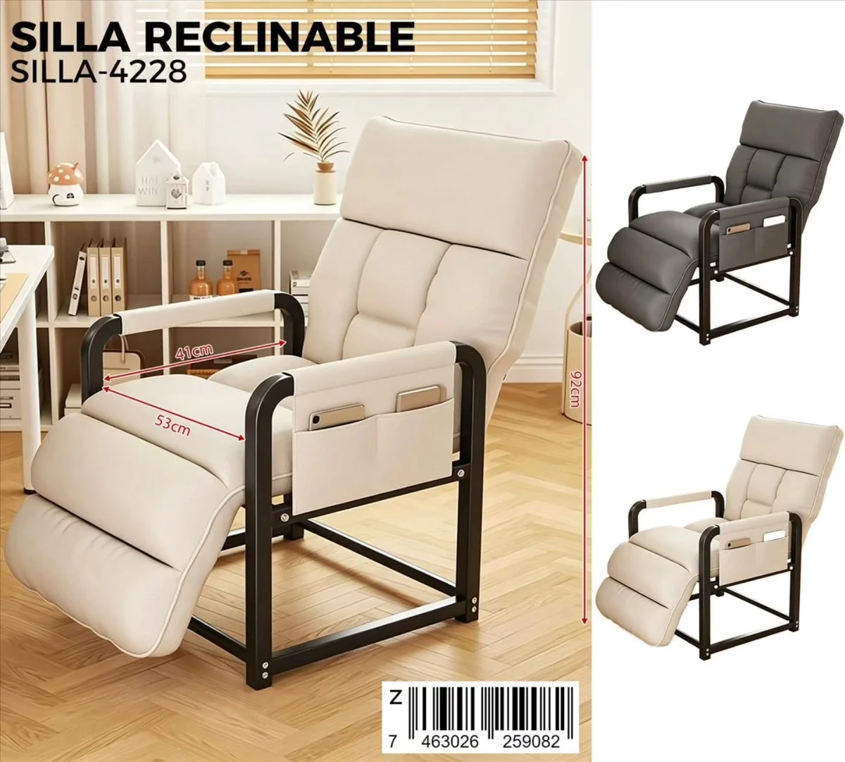 Silla reclinable acolchada con bolsillo lateral
