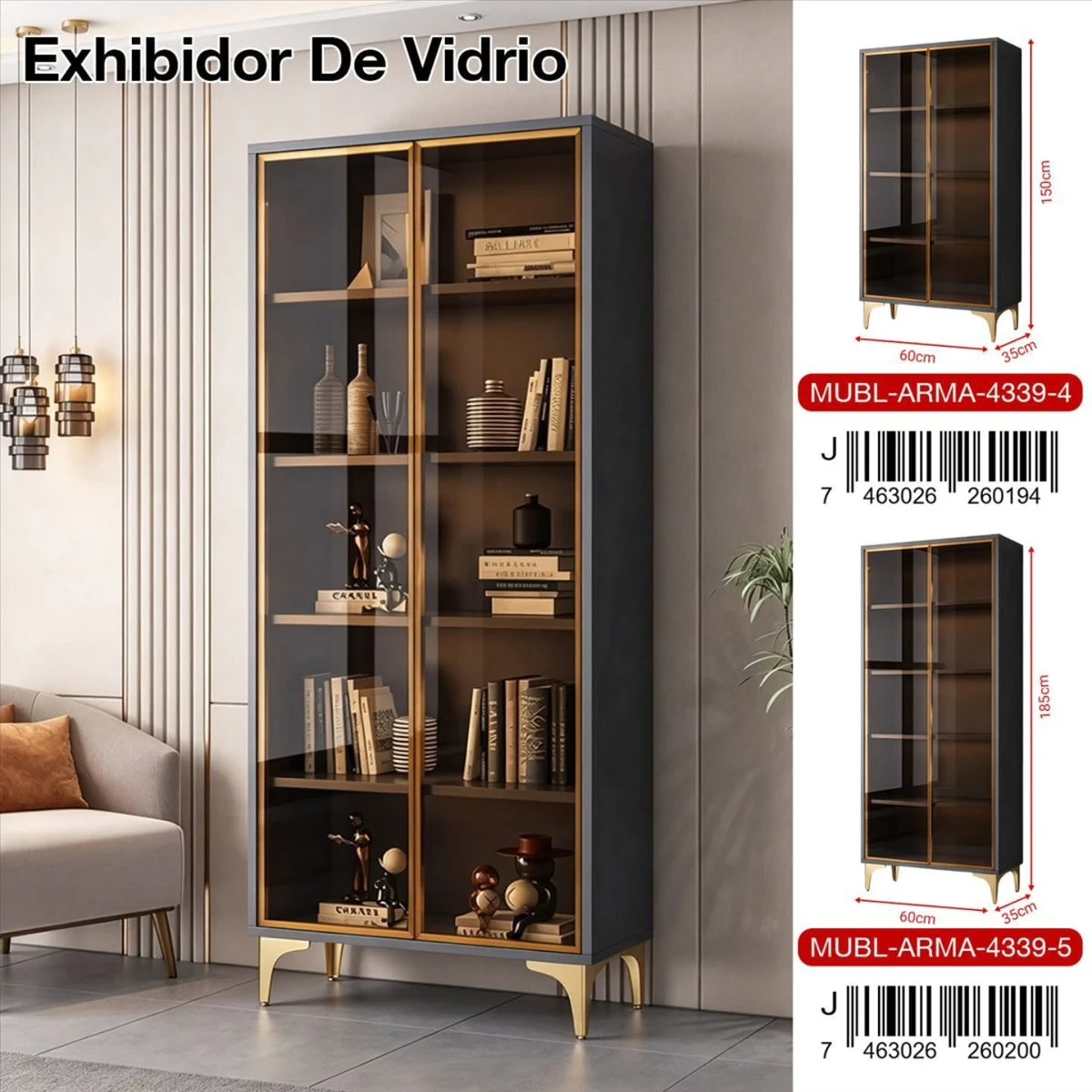 Vitrina de vidrio con marco dorado de 150 o 185 cm