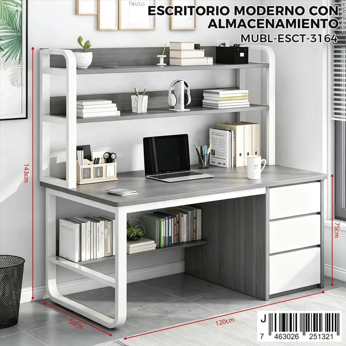 Escritorio con gavetas y repisas superiores