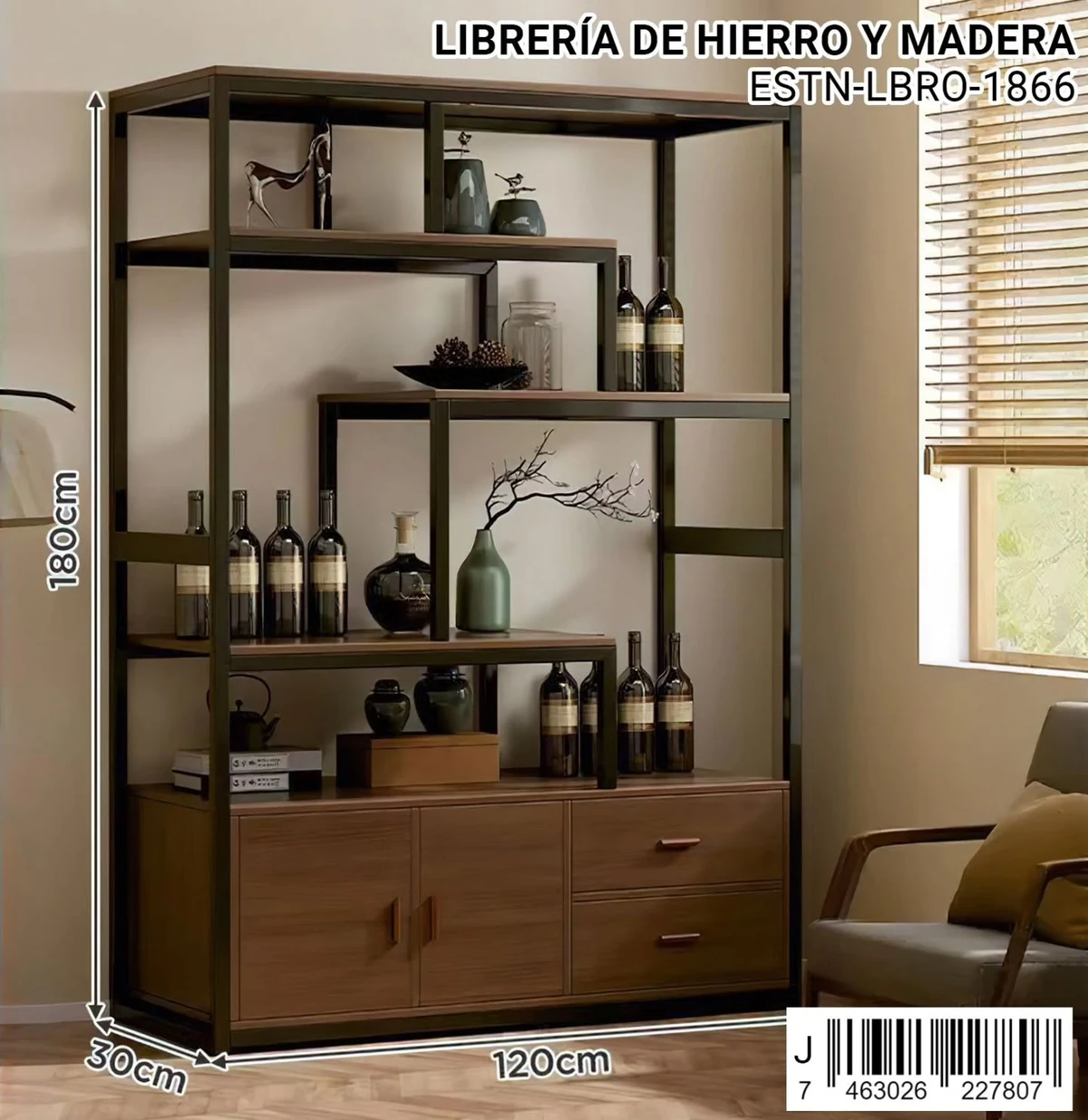 Librería de hierro y madera con gabinete