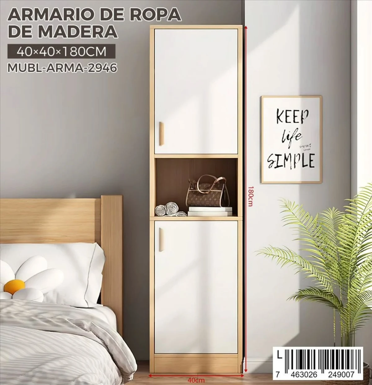Armario de ropa de madera 40 x 40 x 180 cm