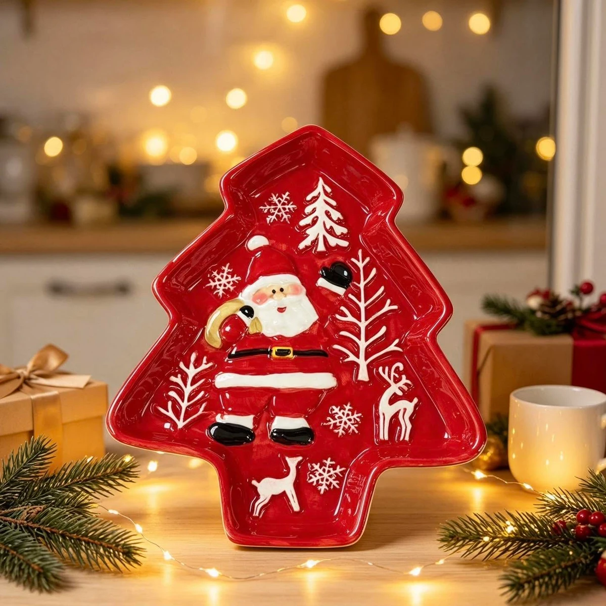 Plato navideno rojo en forma de arbol
