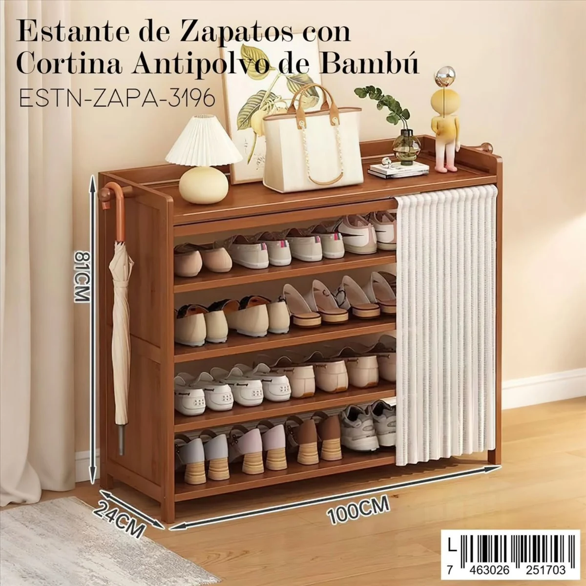 Zapatera de bambú con cortina antipolvo