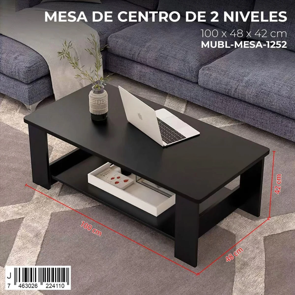 Mesa de centro negra de dos niveles 100 cm