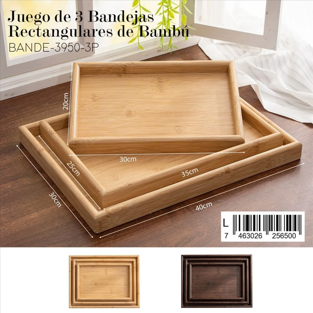 Juego de tres bandejas rectangulares de bambú