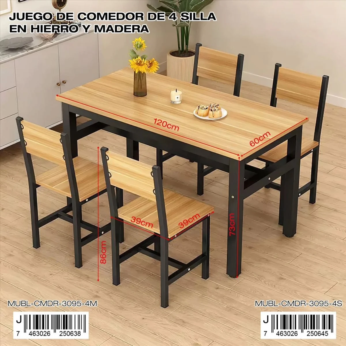 Juego de comedor con mesa y cuatro sillas