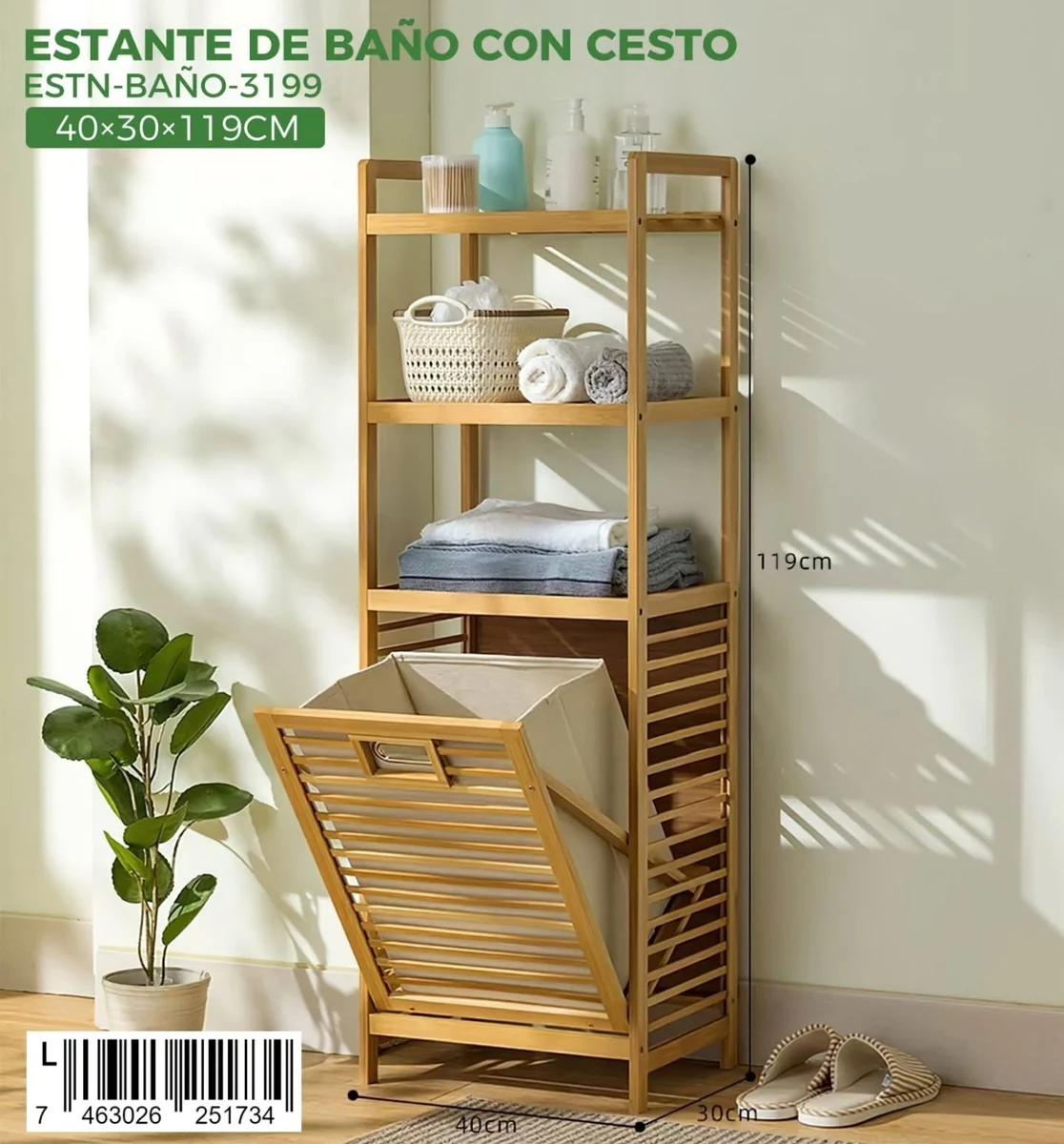 Estante de bano con cesto abatible