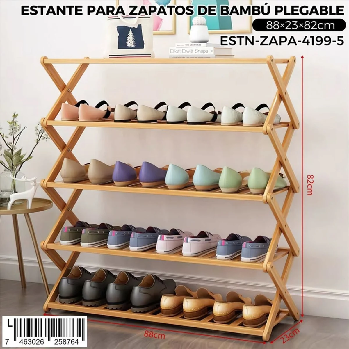 Zapatera plegable de bambu de cinco niveles