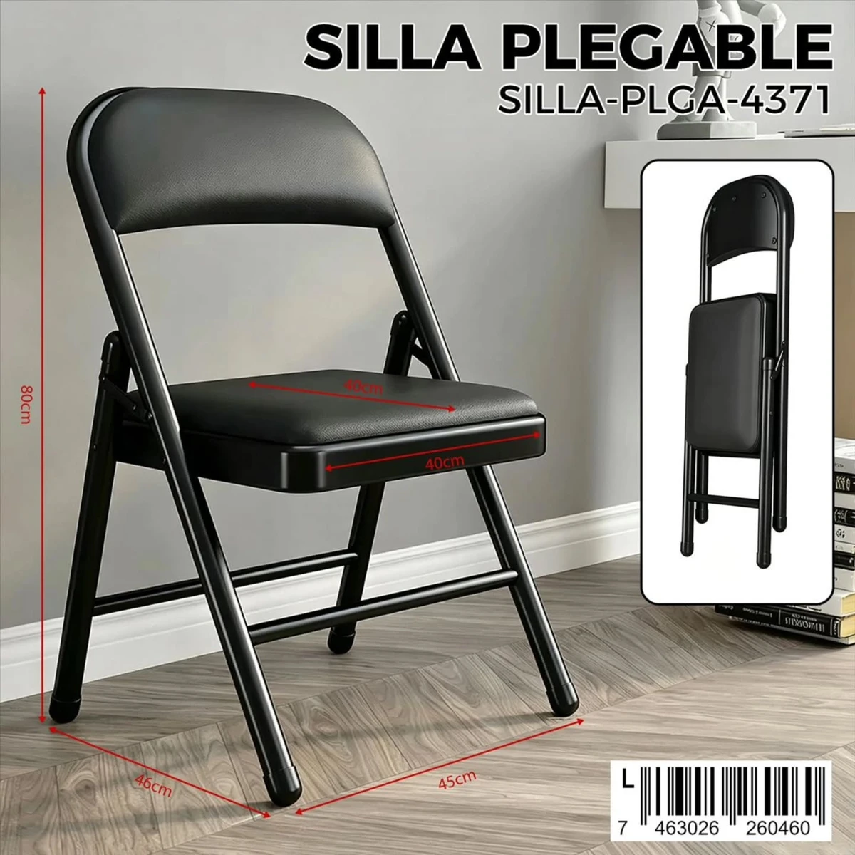 Silla plegable negra con asiento y respaldo acolchados