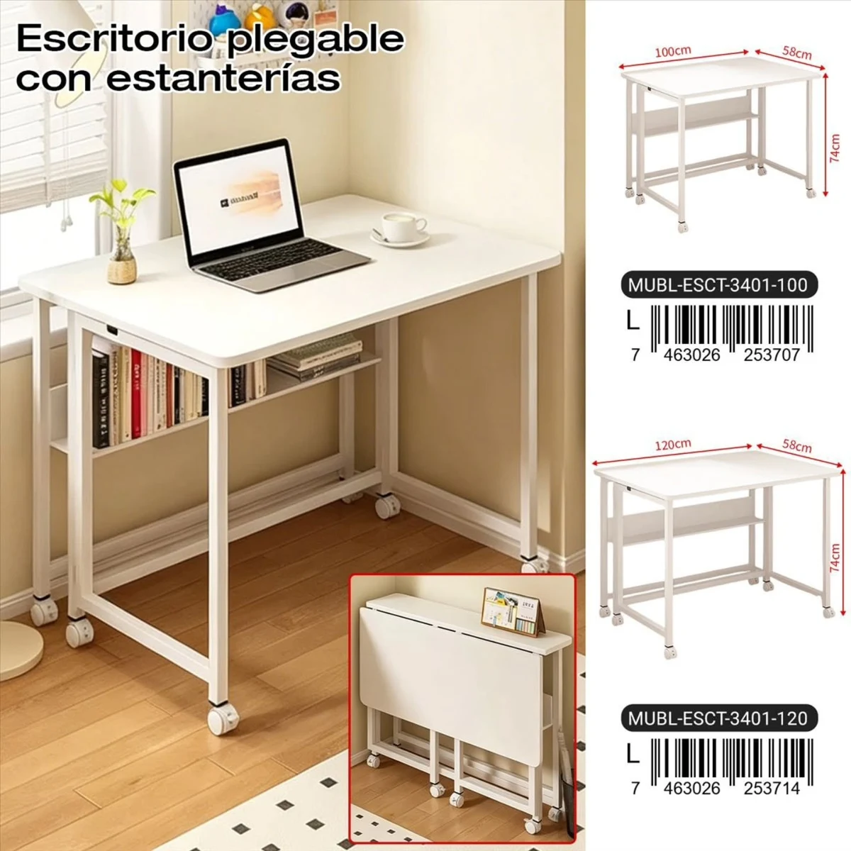 Escritorio plegable con estanteria y ruedas