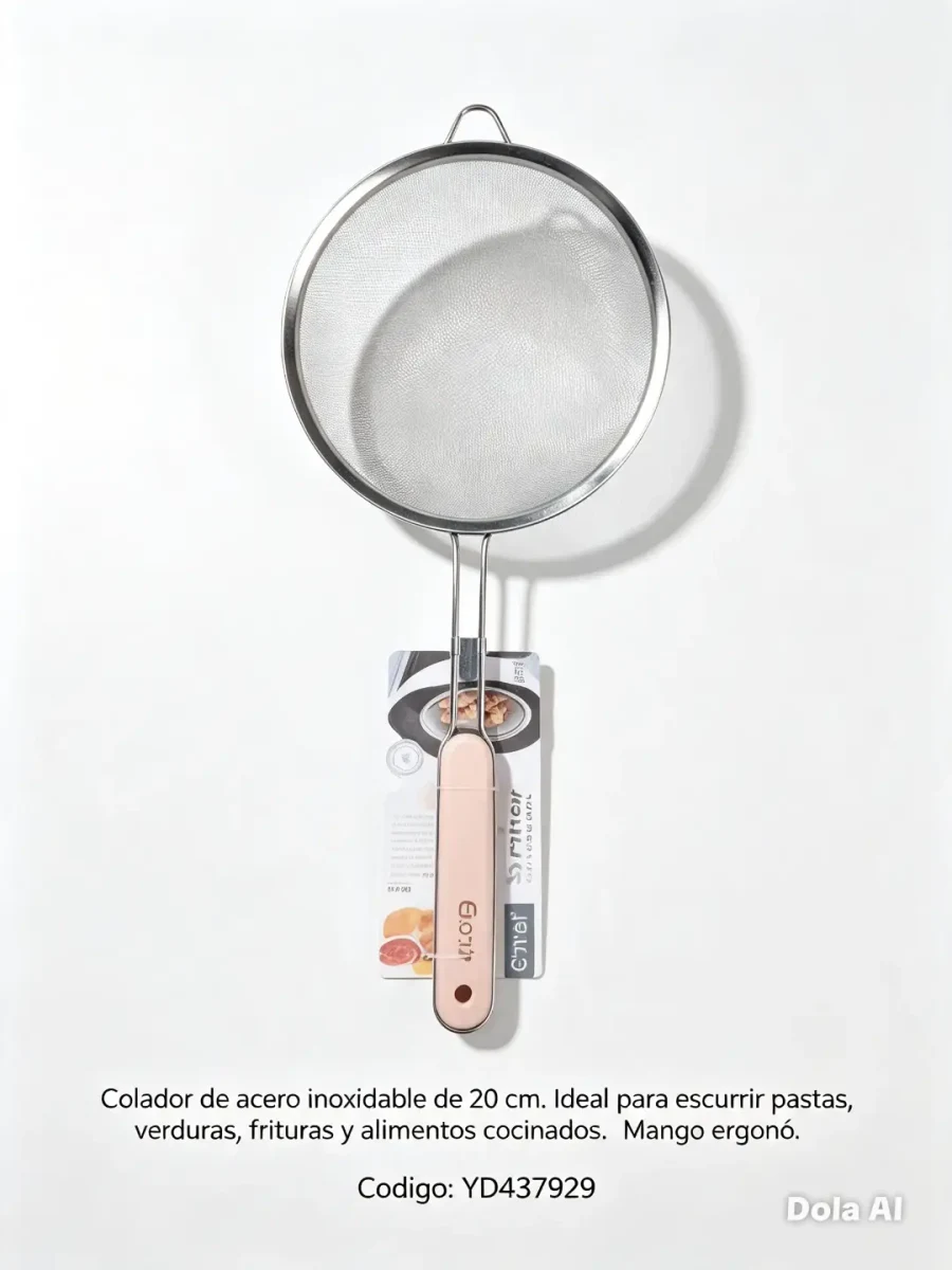 Colador de malla de 20 cm con mango rosado