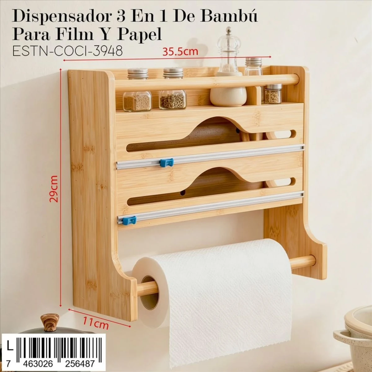 Dispensador de bambú para film y papel 3 en 1