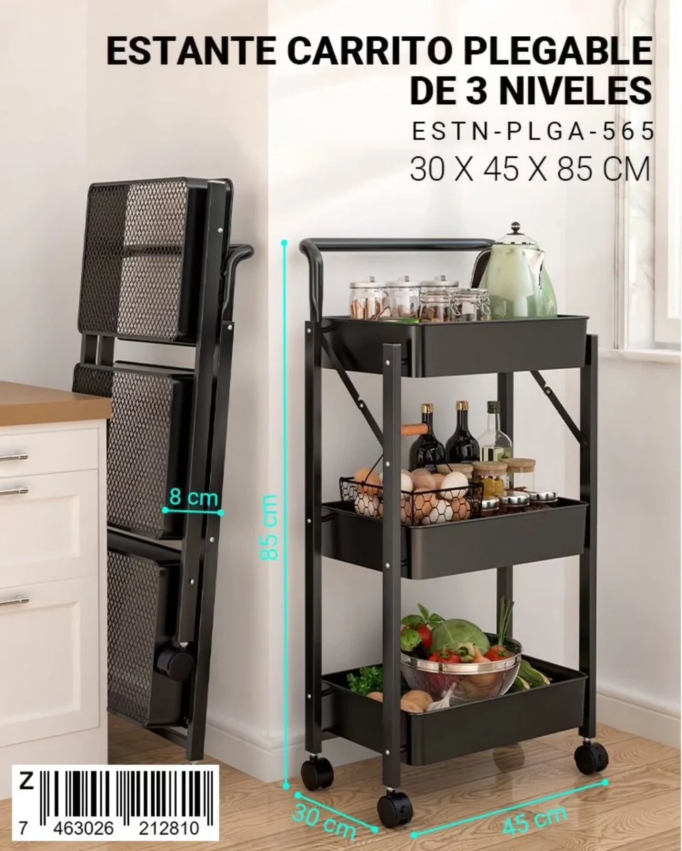 Carrito plegable negro de tres niveles
