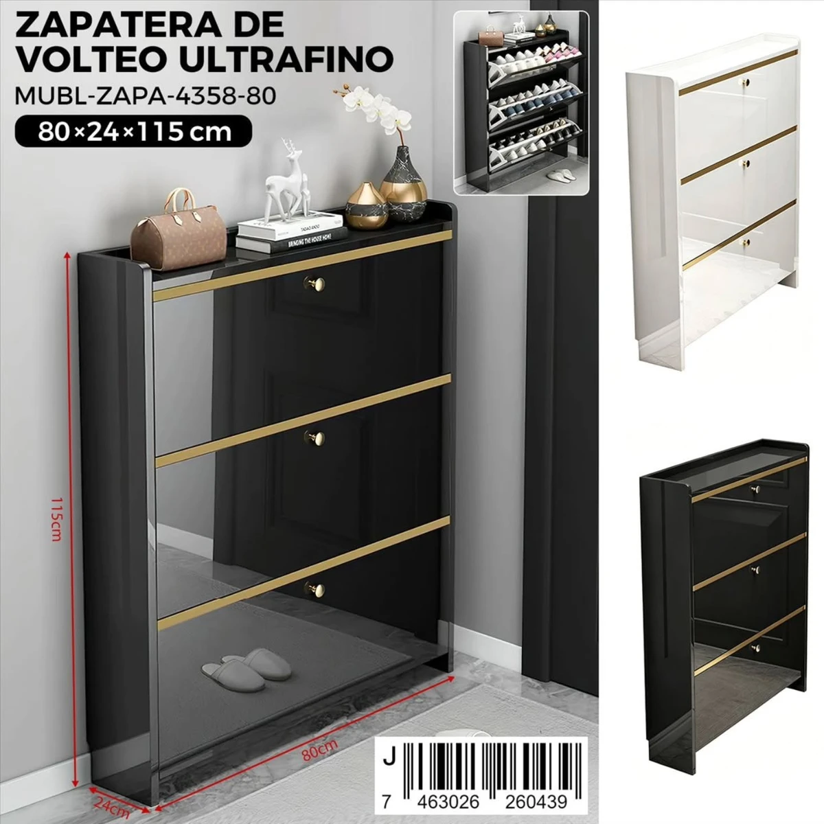 Zapatera abatible con detalles dorados 80 cm