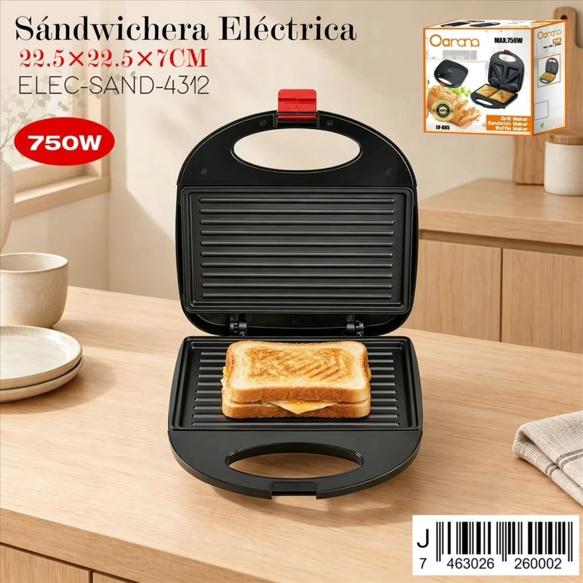 Sandwichera electrica de 750 W